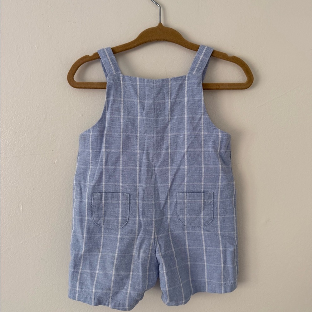 Janie and Jack Boys 0-3m Linen Light Blue Windowpane Check Plaid Overalls Easter - Picture 6 of 9